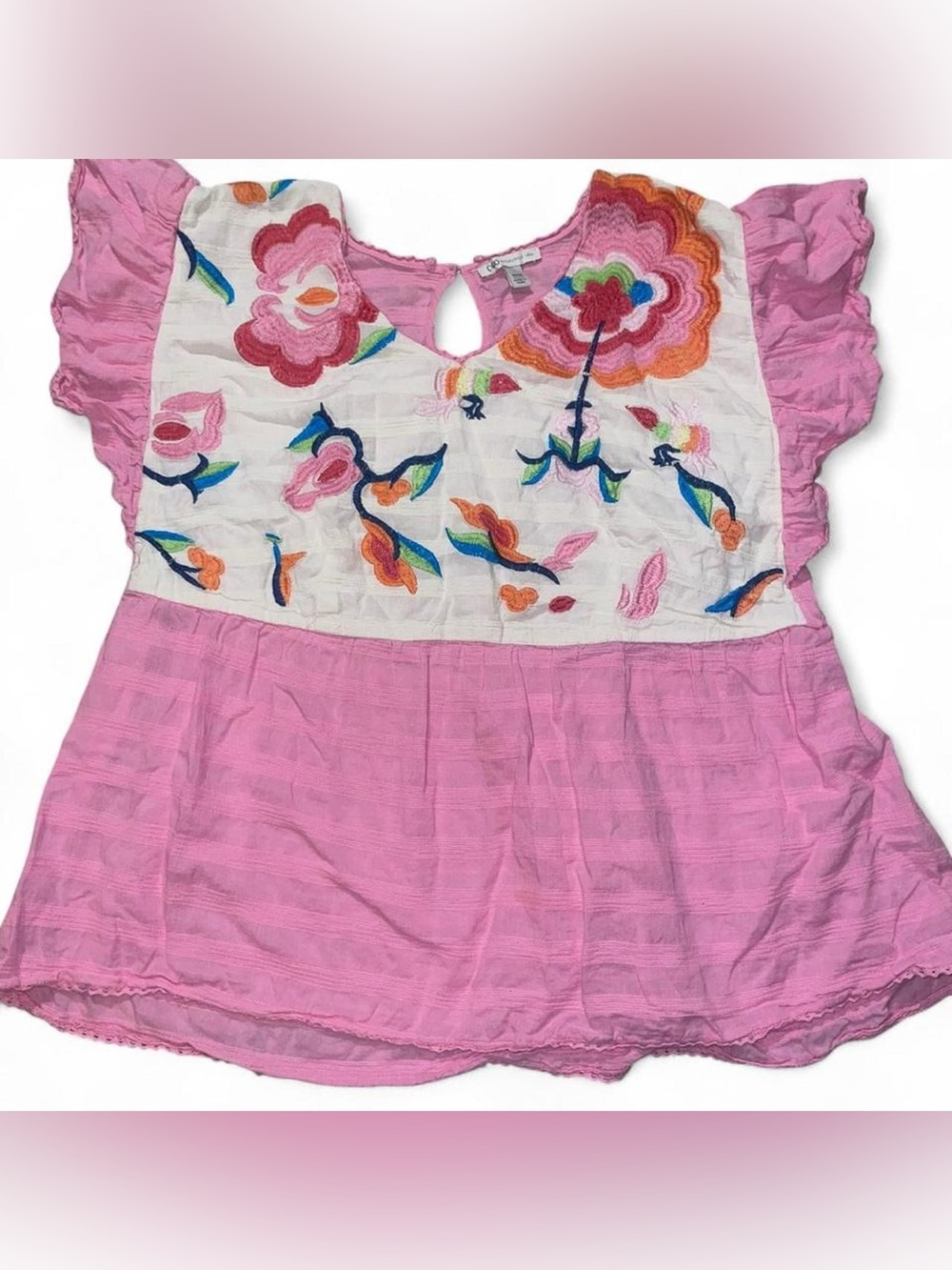 Cato Pink Embroidered Flutter-Sleeve Peasant Top